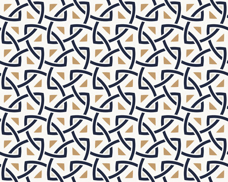 Seamless Interlaced Geometric Lattice background, vector pattern with interlaced curved ribbon motifs arranged in a repeating lattice. Flat vector design, Arabic geometry style