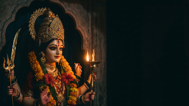 Durga idol side profile portrait with trident and glowing diya lamp inside dark ancient temple