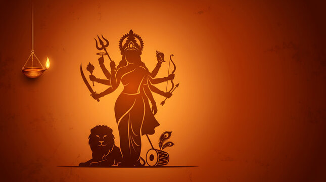 Durga standing outline with lion dhol drum and peacock feather on warm orange background art