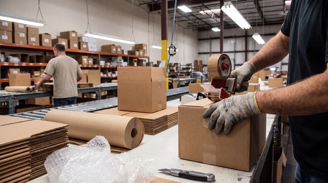 E-commerce Fulfillment, A diligent worker prepares packages with cardboard boxes at a warehouse