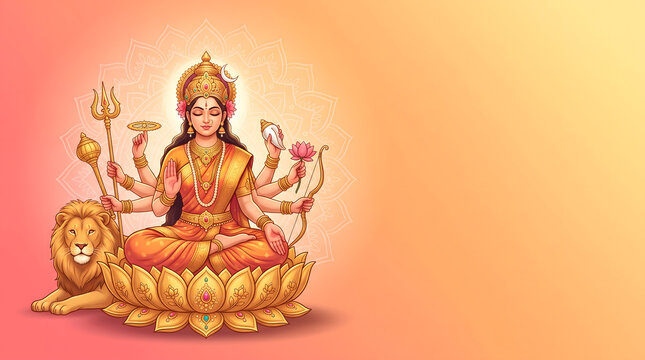Durga goddess meditates on golden lotus with lion beside pink and orange gradient background banner