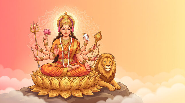 Durga goddess sits calmly on lotus throne with lion upon cloudy mountain rock backdrop scene