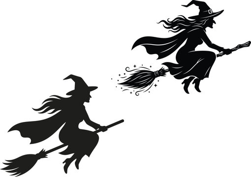 Witch flying on a broomstick is depicted as a black silhouette against a white background halloween spooky mystic sorceress wizardry magic darkness night costume holiday