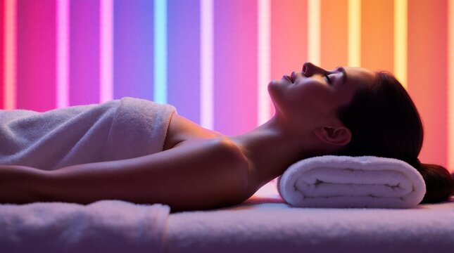 Young woman lies on massage table for spa treatment. Relaxed female client enjoys colorful light therapy in wellness center. Glowing neon colors create calm mood for skin care, beauty rejuvenation.