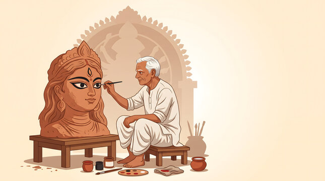 Elderly artisan paints eye on clay durga idol bust with brush and color palette carefully
