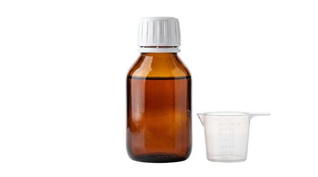 Amber Glass Medicine Bottle with Measuring Cup Isolated on White Background for Pharmaceutical Product Design