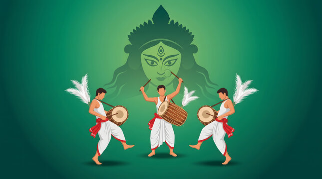 Three dhak drummer perform traditional beat before glowing durga goddess face green background artwork