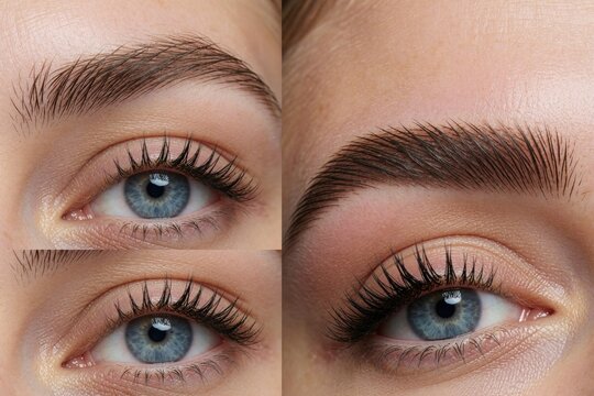 Close up collage shows female eye with eyebrows, lashes. Comparison of before, after brow lamination permanent makeup treatment. Woman gets beauty cosmetic procedure for better shape, style. Natural