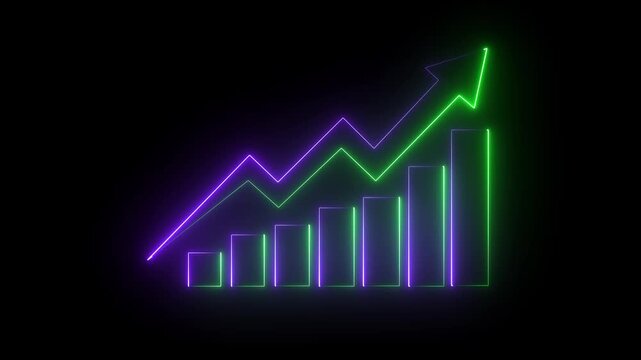 Business growth chart with upward arrow on black background. financial success and profit increase concept.