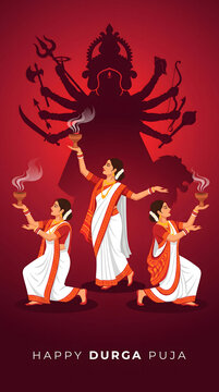 Three woman perform dhunuchi dance holding smoking clay pot before durga goddess red backdrop scene