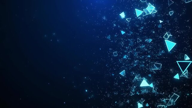 Abstract blue network particles forming in dark space with subtle light and bokeh effects during a slow camera push