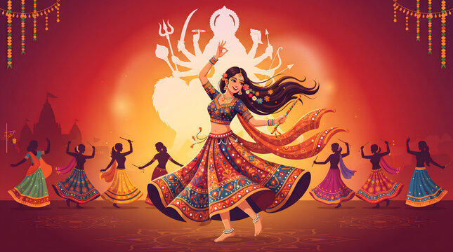 Woman twirls colorful lehenga skirt dancing garba with dandiya stick festive temple skyline background scene