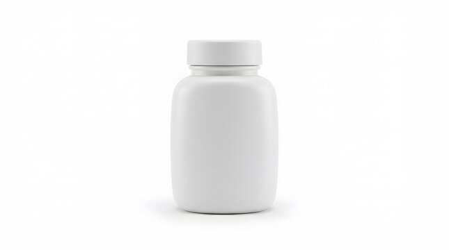 Blank white plastic pill bottle mockup for supplements vitamins or medicine isolated on a white background