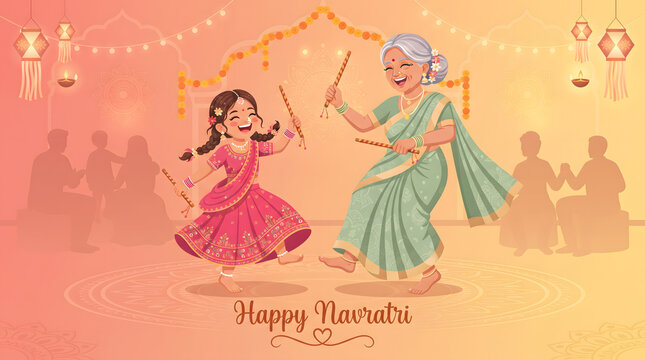 Grandmother and granddaughter dance dandiya together smiling beneath festive lantern and marigold decoration happily scene