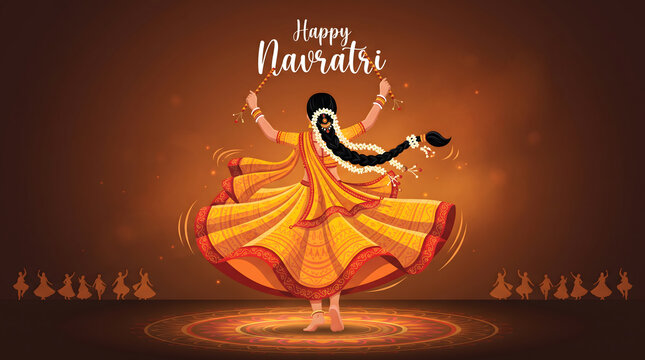 Woman dances dandiya back view with floral braid hair beneath happy navratri greeting text banner