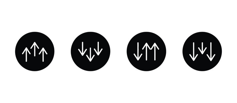 Business trend arrow icon in black circle featuring upward and downward arrows for growth, decline, financial analysis, market changes, and performance indicators