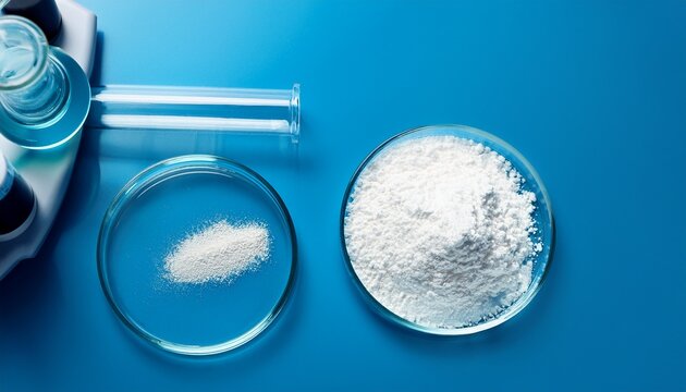 laboratory research with white powder substance in glass beaker and petri dish on blue background