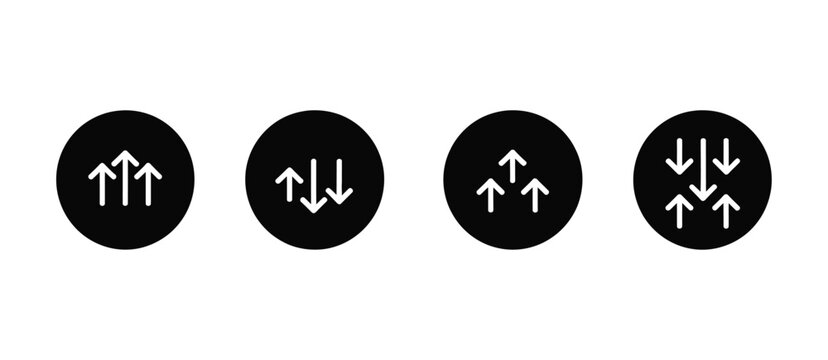 Business trend arrow icon in black circle featuring upward and downward arrows for growth, decline, financial analysis, market changes, and performance indicators