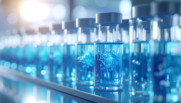Row of Vaccine Vials: A meticulous row of clear glass vials, each filled with a vibrant blue liquid and sealed with a cap, are neatly arranged on a shelf.