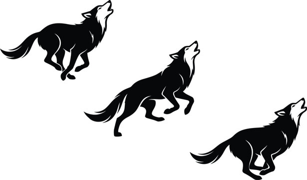 Three wolf silhouettes depict howling canids against a white background canid canine contour creature darkness design emblem fauna figure graphic illustration mammal monochrome nature nightlife