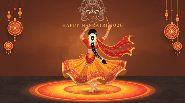 Navratri dancer woman in traditional lehenga dancing with dandiya stick back view festival greeting poster