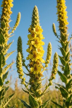 Yellow mullein flowers bloom in wild meadow under blue sky. Verbascum thapsus plant grows tall with fuzzy green stems, bright petals. Close up of herbal medicinal flower in summer nature field with