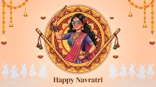 Stylish woman wears sunglasses holding dandiya stick inside colorful mandala circle design pattern artwork banner