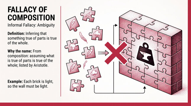 Infographic illustration of fallacy of composition concept showing scattered pink puzzle pieces forming a large red brick wall structure with a black silhouette icon