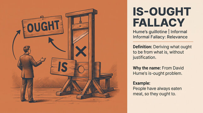 Illustrative diagram showing the Is Ought Fallacy concept, featuring a man pointing to 'OUGHT' sign next to a wooden guillotine apparatus labeled 'IS', set against an orange background.