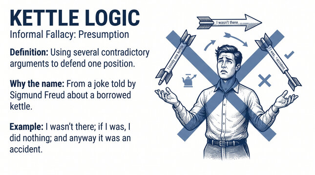 Illustrative diagram of Kettle Logic fallacy featuring a man gesturing emphatically amidst crossed arrows pointing to contradictory claims