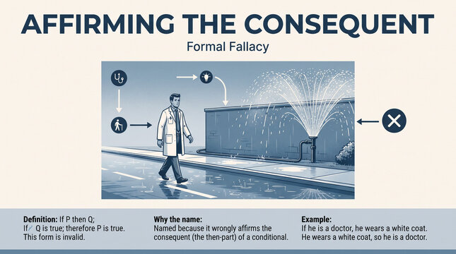 Infographic illustration depicting the formal fallacy of affirming the consequent, showing a man walking toward a conclusion represented by an 'X' mark.
