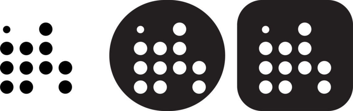 Dot matrix pattern in three variations including plain, circle, and rounded square button shapes black and white