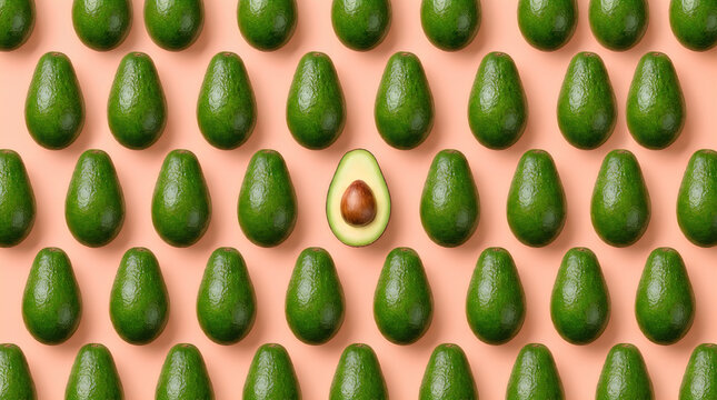 One halved avocado with pit among many whole green avocados on peach background