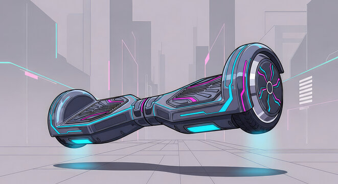 Futuristic hoverboard with neon lights in a digital city background