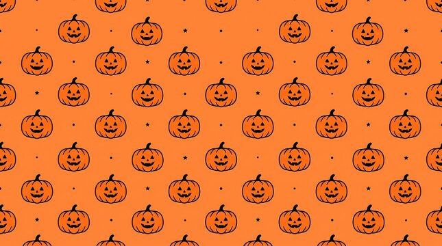 Halloween seamless pattern with carved jack o lantern pumpkins on an orange background