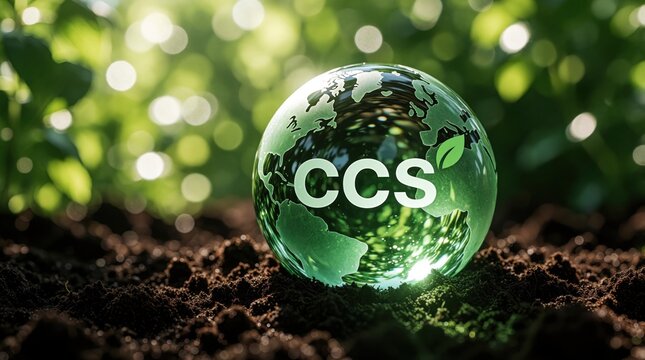Green glass globe with CCS text sits on dark soil in garden. Carbon capture, storage concept shows eco tech solution for climate change. Small leaf symbol on earth represents sustainable planet