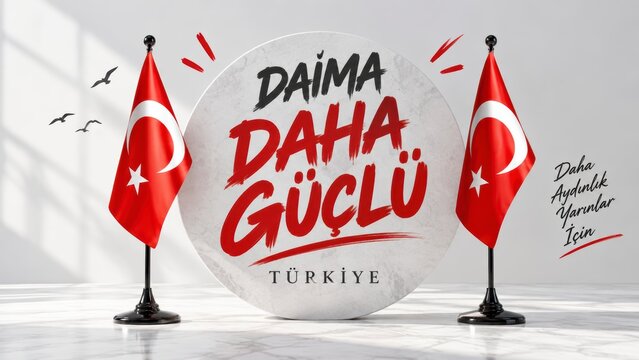 Two Turkish flags flanking marble disc with patriotic slogan national