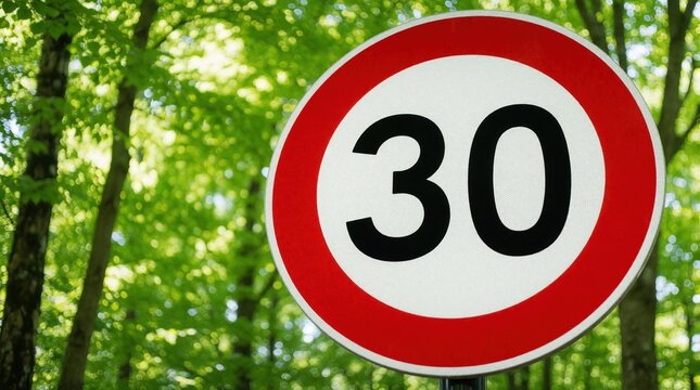Close up of round traffic sign with number 30 on white background, red border. Speed limit regulation symbol stands against green forest trees. Road sign indicates maximum kmh allowed for safe