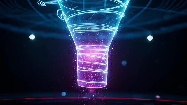 Abstract digital vortex with glowing particles in dark futuristic environment