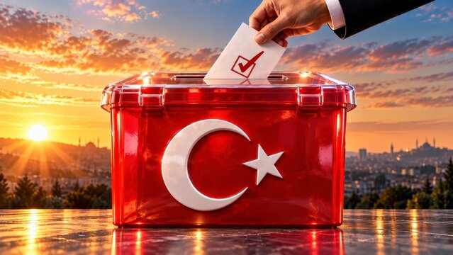 Hand casting ballot into Turkish flag box national election process