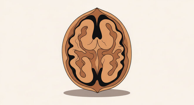Cross section of a walnut showing internal structure on beige background