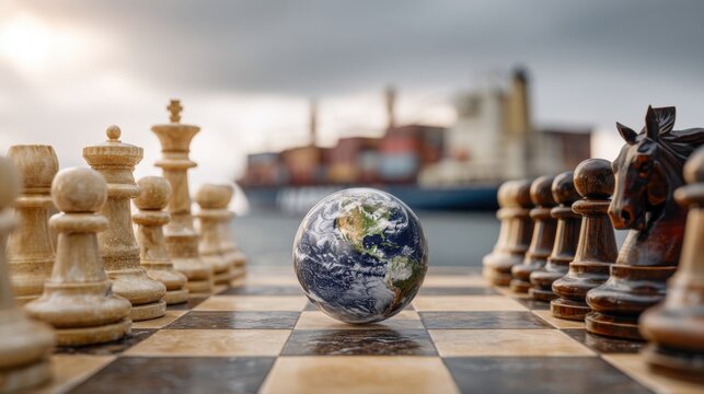 A chessboard with a globe instead of a chess piece, set against the backdrop of a container ship.
A symbol of global strategy: chess and the Earth alongside a ship.