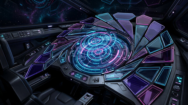 Spaceship Cockpit Control Panel With Interactive Holographic Display Navigation System