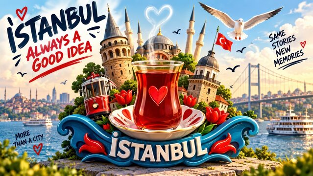 Turkish tea glass with Istanbul landmarks travel tourism destination
