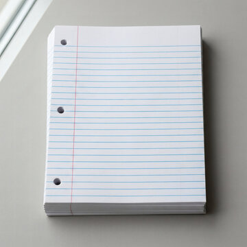 Stack Of White Loose Leaf Notebook Paper With Blue Ruled Lines And Three Hole Punch On A Grey Background, Perfect For School Supplies And Office Note Taking Concepts