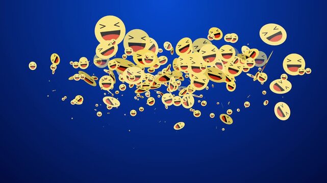 Social media haha emoji burst motion graphics on blue background, perfect for humor or social media visuals, funny yellow faces animation, social media concept reacting to a positive viral post, 4k