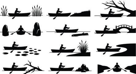 Collection of black silhouettes showing people rowing boats in various natural settings with reeds, rocks, logs, and a wooden bridge © MD