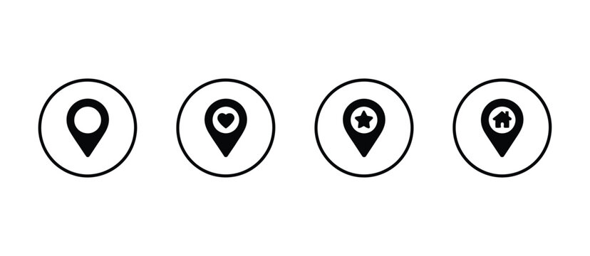 Location marker icon with favorite, bookmark, and home symbols in circular outline for map navigation, saved places, and location services
