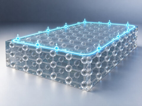 3D topological insulator spin-momentum locking concept, translucent crystal surface state with glowing unidirectional helical electron channel with copy space