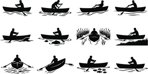 Set of black silhouettes of people rowing boats, canoeing, and kayaking on water, showing various paddling positions and boat types in action © MD